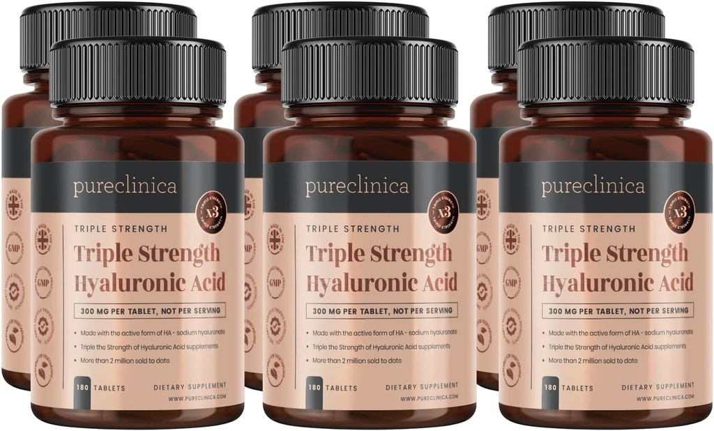purclinica Acide hyaluronique 300mg x 1080 comprimés (6 bouteilles de 180 comprimés - 3 ans d'approvisionnement). Acide hyaluronique triple résistance. 300% plus fort que tout autre comprimé HLA
