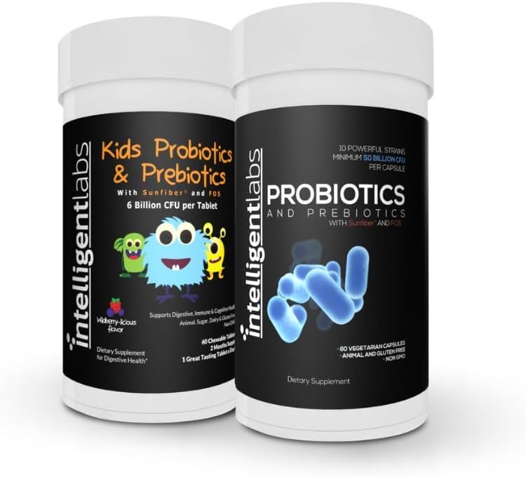 Laboratoires intelligents 2-en-1 Groupe d'enfants probiotiques (6 milliards CFU avec fibre solaire et FOS) + Probiotiques adultes (50 milliards CFU, 10 souches), Pas de réfrigération nécessaire, 2 mois d'approvisionnement par bouteille