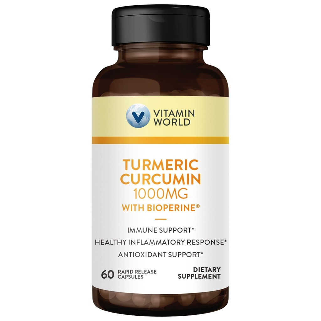 Vitamine World Curcumin 1000mg, Extrait de poivre noir BioPerine pour une meilleure absorption, 95% Curcuminoïdes, Supplément curcuma pour antioxydant et soutien articulaire, sans gluten, 60 Capsules