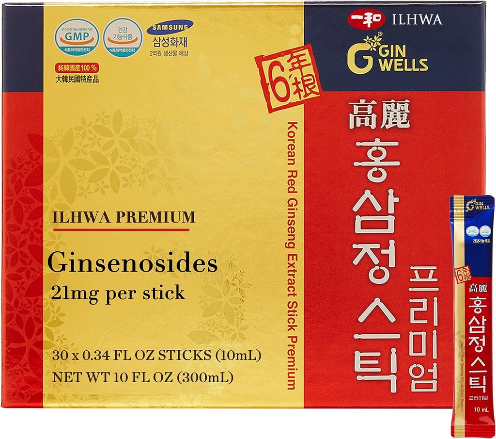 ILHWA Premium bâtonnets d'extrait de ginseng rouge coréen (0.34fl oz X 30 bâtonnets) - pour l'immunité. Ginsénoside 21 mg par portion