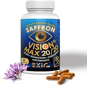 EXIR Vitamines oculaires Lutéine, Safran Astaxanthin, Zeaxanthin, Graines de raisin, Supplément curcuma pour les flocons, souche, pression, vision nocturne, capsules VM20-30