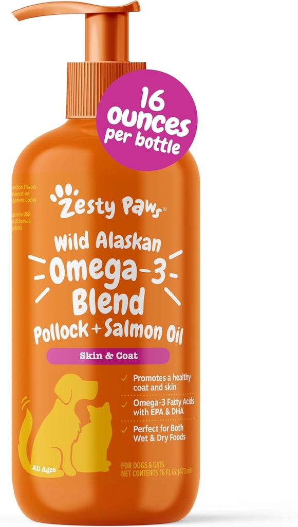 Zesty Paws Wild Alaskan Omega-3 Blend Pollock + Salmon Oil pour chiens et chats- Skin and Coat Support, Omega 3 Supplément pour animaux de compagnie, 16oz