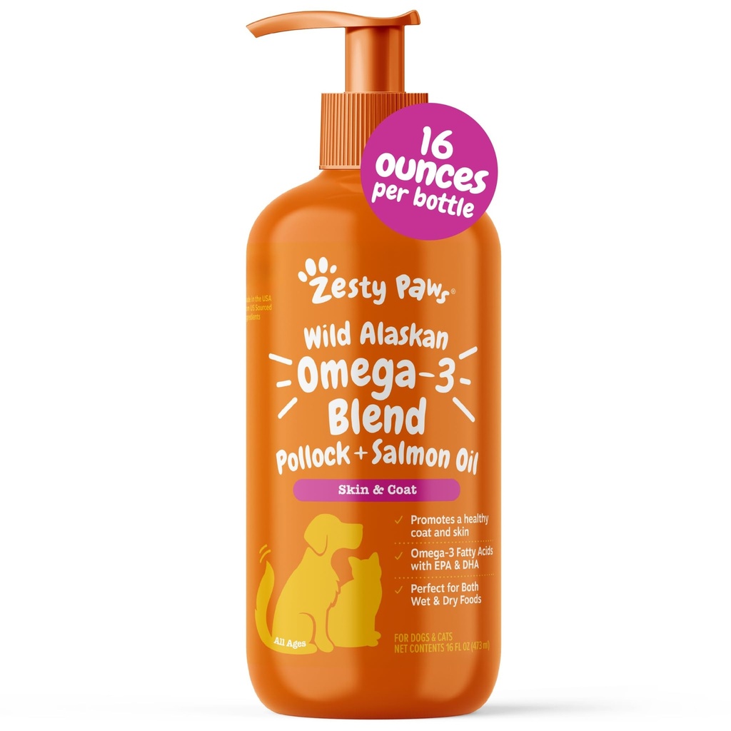 Zesty Paws Wild Alaskan Omega-3 Blend Pollock + Salmon Oil pour chiens et chats- Skin and Coat Support, Omega 3 Supplément pour animaux de compagnie, 16oz