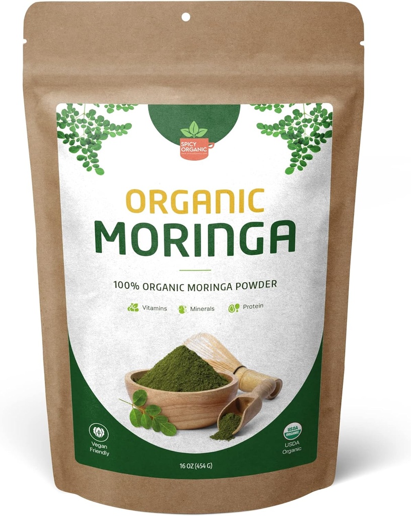 Poudre de feuille de Moringa bio – Superfood vert certifié USDA – L'énergie naturelle et le soutien immunitaire – végétalien, non-OGM, sans gluten – Moringa cru pur pour les smoothies, les thés, la cuisson – 16 oz Poche refermable