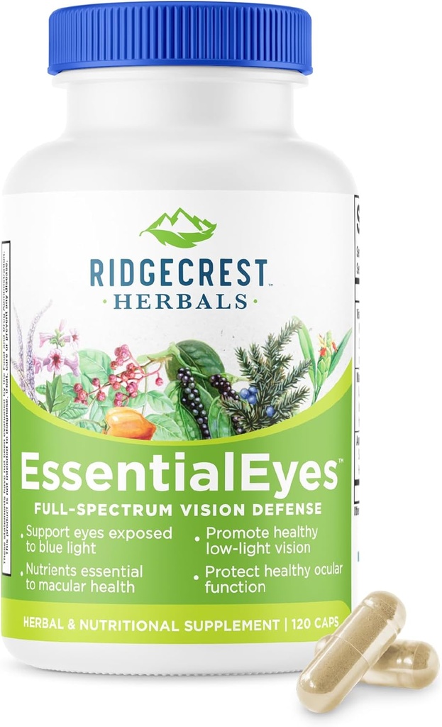 Ridgecrest Herbals EssentialEyes, Suppléments de vitamine naturelle pour les yeux, contient de la lutéine, de la zéaxanthine, de l'extrait de bilberry, soutient la santé des yeux et de la vision (120 capsules véganes, 30 portions)