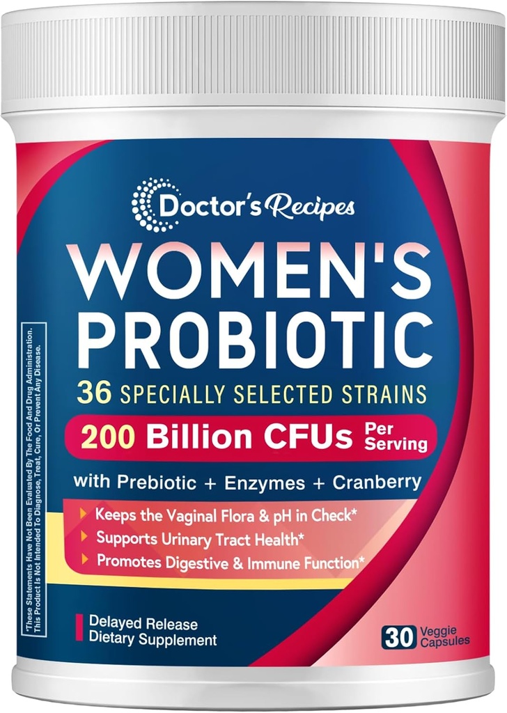 Doctor's Recipes Probiotics for Women, 200B CFUs 36 Strains, with Prebiotics, Enzymes & Cranberry, Vaginal Urinary Digestive & Immune, Shelf Stable, 30 Caps