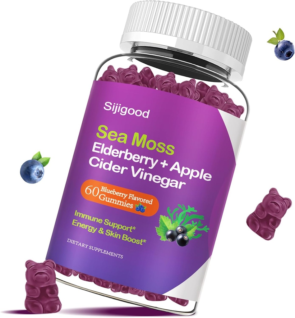 Irish Sea Moss Gummies with Elderberry, Bladderwrack, Burdock, Chlorophyll - Digestion, Skin, Hair and Enhance Immunity - Adults Kids Women Men, 60 Blueberry Flavored Gummies