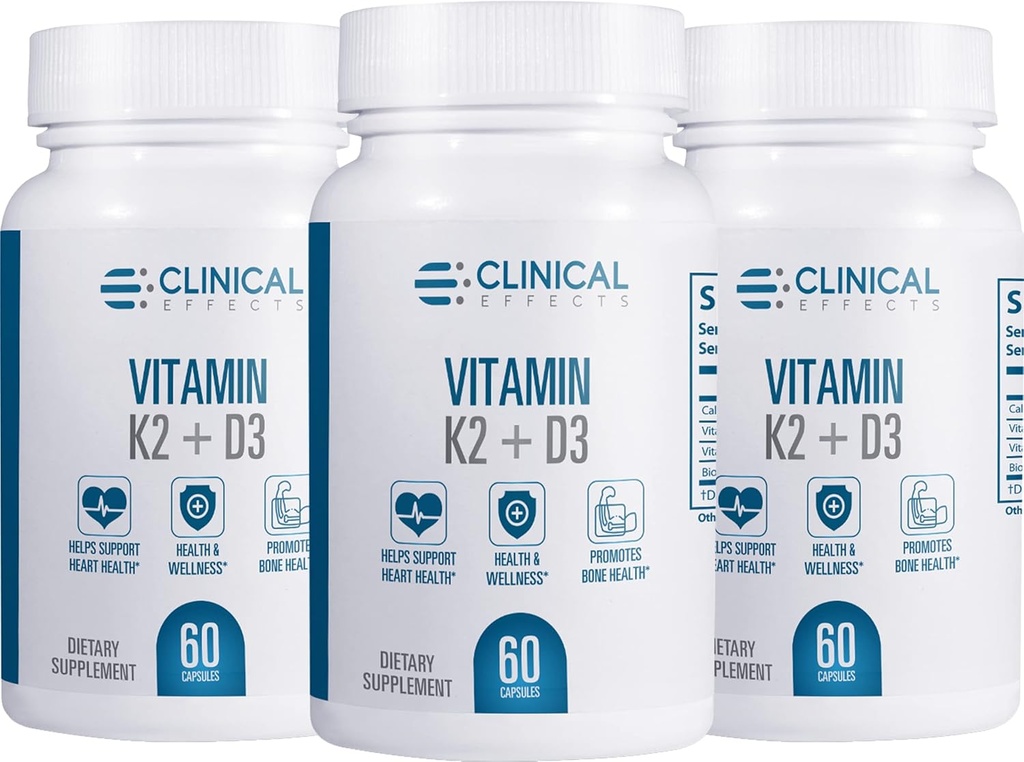 Effets cliniques Vitamine K2 + D3 - K2 + D3 Supplément de vitamine avec extrait de poivre noir biopérine et calcium pour la santé des os et du coeur - 3 Pack - Max Absorption - Fabriqué aux États-Unis