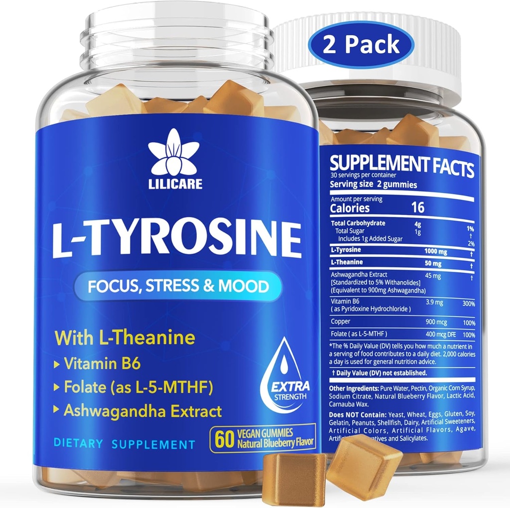 L Tyrosine Gummies 1100mg Mélange de soutien d'humeur, avec Ashwagandha, L-Theanine, Complexe vitamine B B, Folate (Vitamine B9), Focus & Mémoire, Cognition & Fonction Cerveau, Energy Boost, Support de stress, 2Pc/120ct