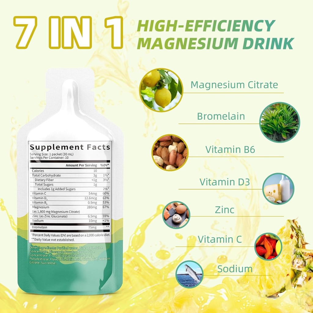 Supplément liquide de citrate de magnésium(10 Fl Oz),Solution complexe de magnésium avec vitamine B, zinc, sodium et bromelain pour le sommeil, Muscle, Heart, Gut Support(Pineapple)