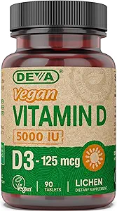 DEVA Vitamine D3 5000 UI, Supplément Sunshine, 125 mcg de Végétalien D3, bouteille de 90-Count