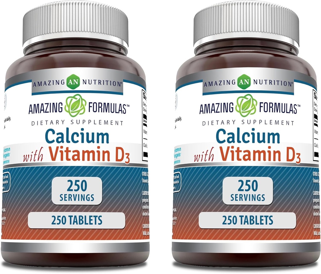 Formules étonnantes Calcium avec supplément de vitamine D3 (comprimés) Non-OGM (sans gluten) Fabriqué aux États-Unis (2 Pack, 250 Compte)