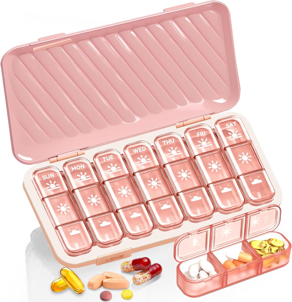 Organisateur de pilules 3 fois par jour, boîte à pilules de 7 jours - GloDeals Organisateur hebdomadaire de pilules, portable amovible quotidien récipient de médecine cas pour supplément d'huile de poisson de vitamine, rose