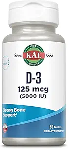 KAL Vitamine D3 5000 UI 125 mcg, Comprimés à haute puissance Vitamine D, Absorption de calcium, Supplément de soutien osseux et immunitaire, Désintégration rapide D-3 ActivTabs, garantie de 60 jours, 60 portions, 60 comprimés