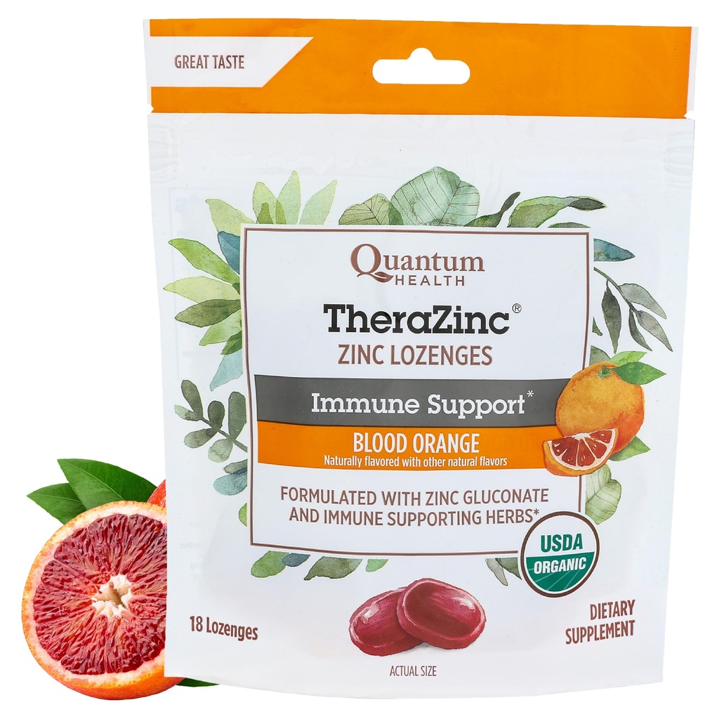 Quantum Health TheraZinc Organic Zinc Lozenges Echinacea & Honey Immmune Support pour Adultes et Enfants 12+ Naturellement aromatisé sang Orange soulagement rapide sans arrière-goût - 18 comte