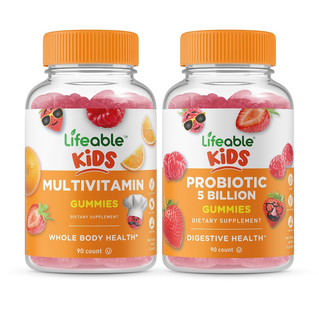Multivitamines vivantes enfants + probiotiques 5 milliards d'enfants, Gummies Bundle - Grande dégustation, supplément de vitamine, sans gluten, sans OGM, gummy à croquer