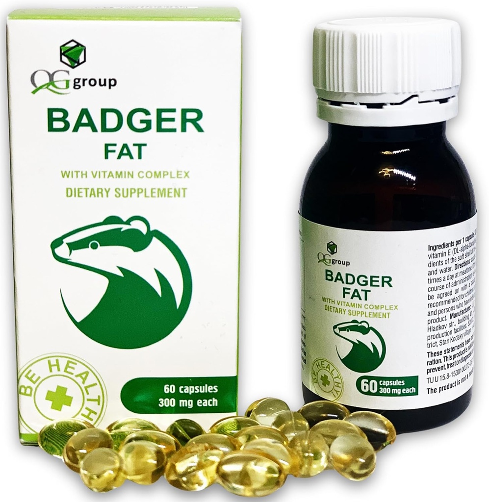 Groupe QG Graisse de Badger Source naturelle des acides gras polyinsaturés - 60 capsules, 300 mg chacune