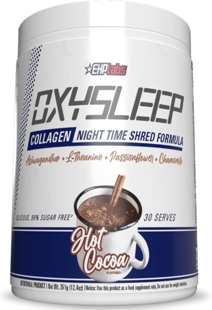EHP Labs OxySleep Collagen Peptides Powder Night Time Shred - Promote le sommeil profond et l'éjection, la peau, les os et le soutien musculaire, le collagène bovin à pâturage, type I & III, 30 portions (Cocoa chaud)