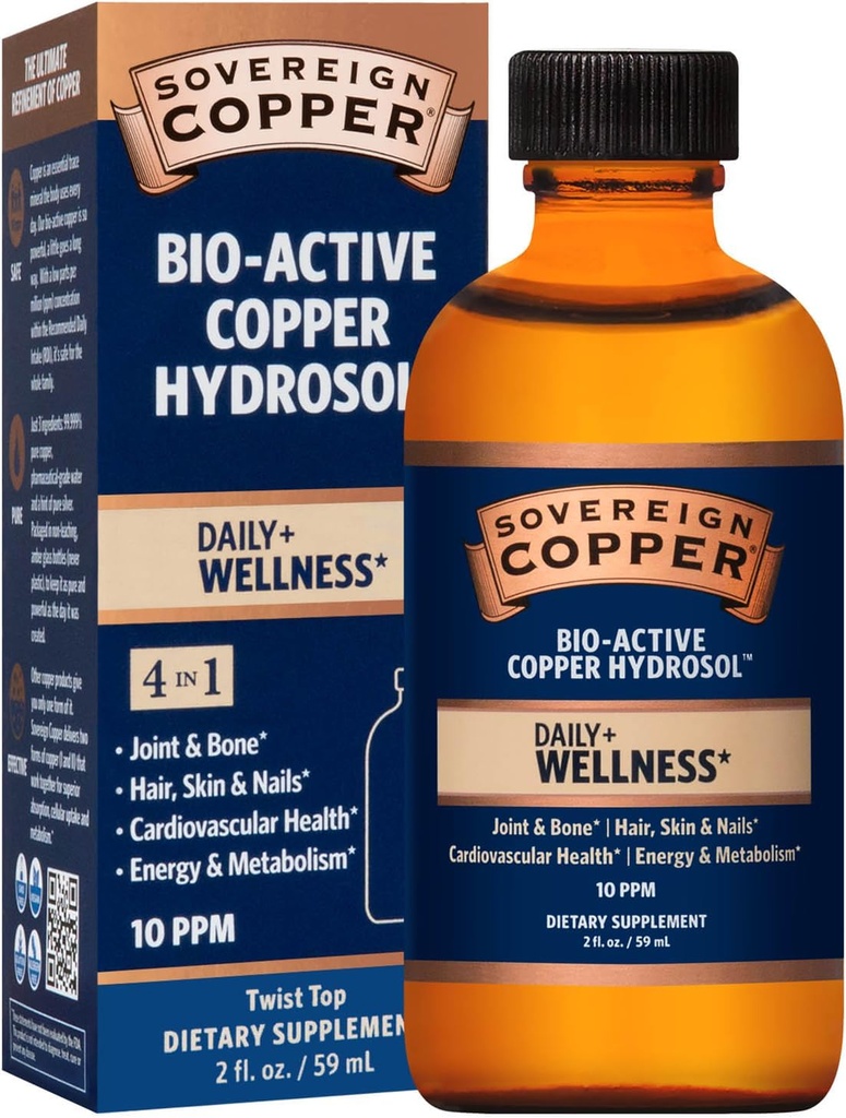 Superior Copper Professional 4-en-1 Wellness Support, joint et os, cheveux, peau et ongles, santé cardiovasculaire et énergie, hydrosol de cuivre bioactif, 30 ppm, haut de torsion liquide, 2 Fl Oz (59 ml)
