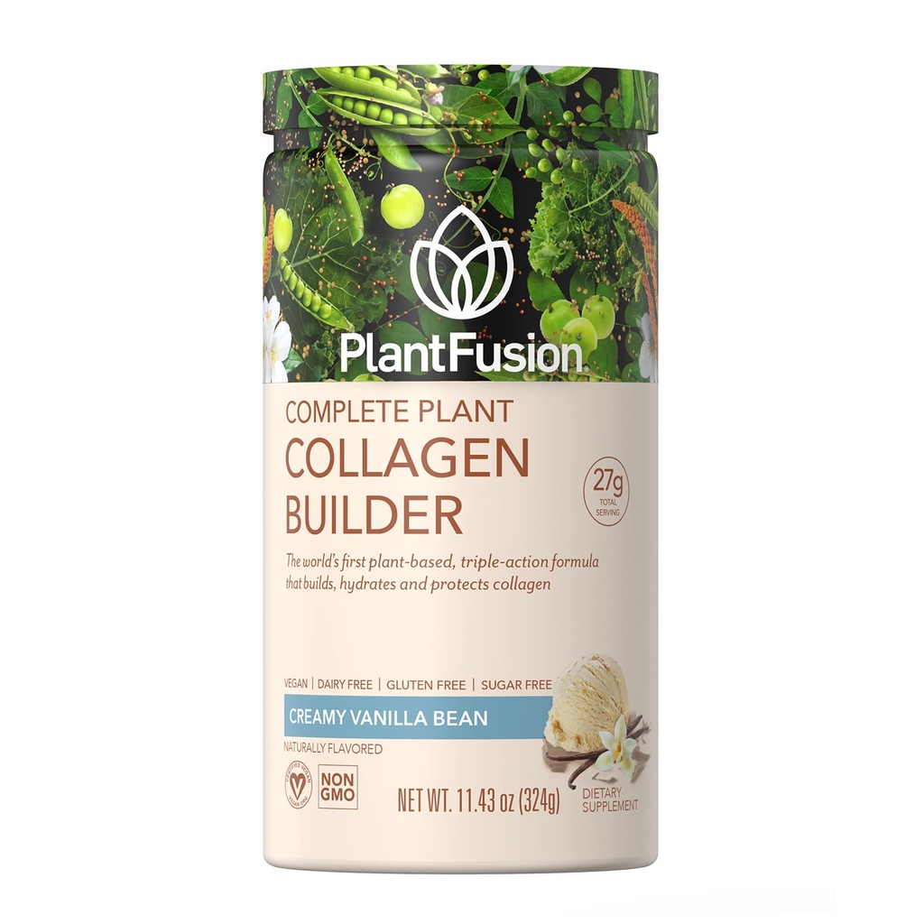 PlantFusion Poudre de collagène végétalien - Poudre de protéine de collagène végétale pour muscles et articulations, cheveux, peau et ongles - Keto, sans gluten, sans soja, sans lait, sans sucre, sans OGM - Vanille 11.43 oz