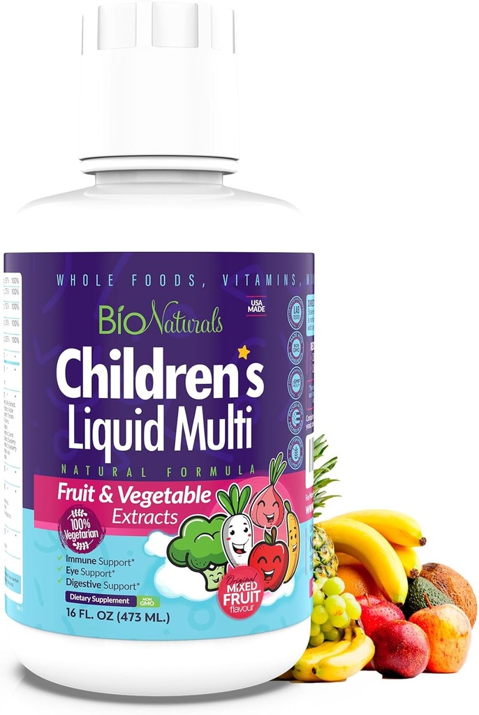 Bio Naturals Multivitamine liquide pour enfants et booster immunitaire - Supplément naturel pour enfants et tout-petits avec des vitamines A B C D3 E, fibre, fruits et légumes - Pas d'OGM, gluten, sucre, laiterie, soja - 16oz