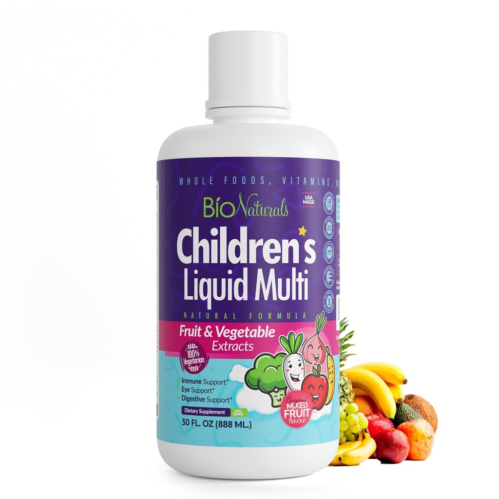 Bio Naturals Multivitamine liquide pour enfants et booster immunitaire - Supplément naturel pour enfants et tout-petits avec des vitamines A B C D3 E, fibre, fruits et légumes - Pas d'OGM, gluten, sucre, laiterie, soja - 16oz
