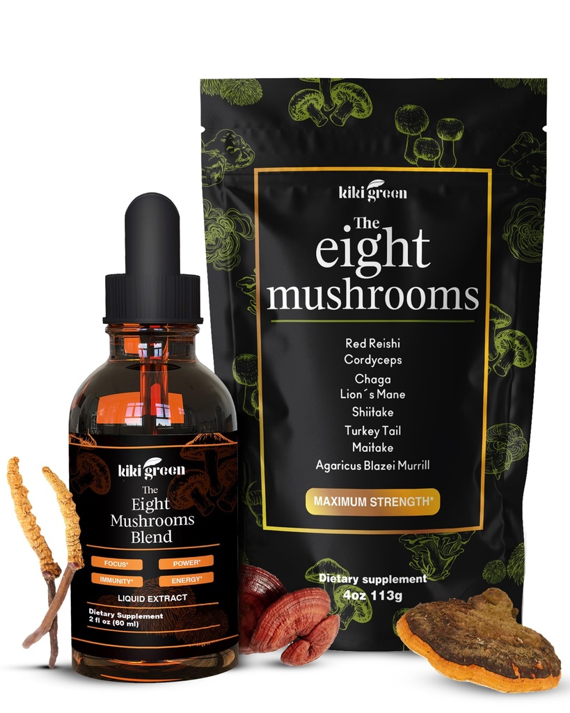 KIKI Green 8 champignons en poudre et extrait liquide - Complexe de complément de champignons pour Focus & Energy - Lion's Mane, Chaga, Cordyceps, Turkey Tail, Reishi, Shiitake, Maitake - 4 oz, 2 fl oz