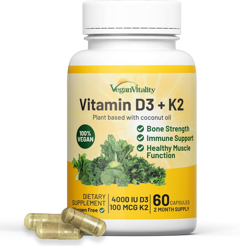 Vitalité végétale Vitamine D3 K2 4000IU (100mcg) avec huile de coco, 100% Vitamine végétale D à base végétale pour végétalien et végétarien - 60 Capsules