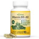 Vitalité végétale Vitamine D3 K2 4000IU (100mcg) avec huile de coco, 100% Vitamine végétale D à base végétale pour végétalien et végétarien - 60 Capsules