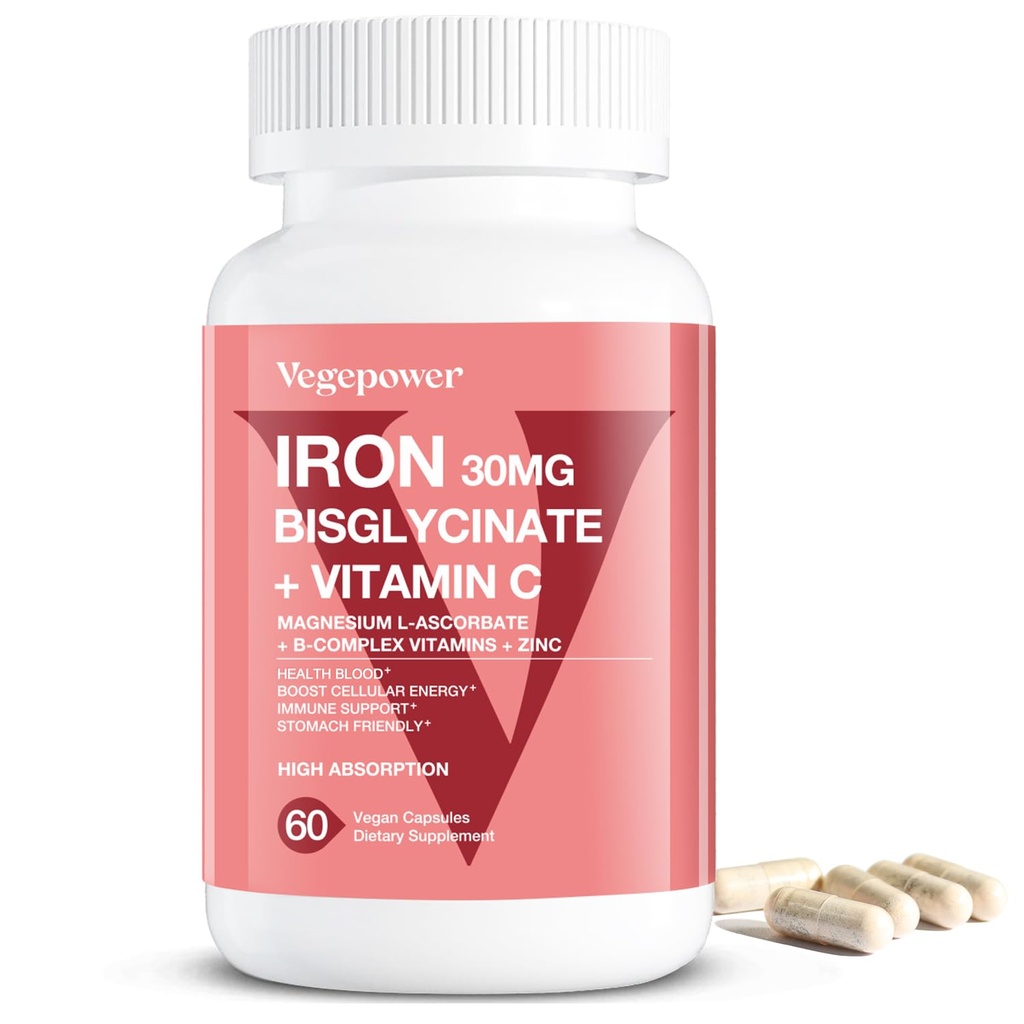 Supplément de bisglycinate de fer pour les femmes et les hommes - 30 mg Pills de fer avec vitamine C, B12, acide folique - Fer chélaté pour l'anémie, sang de santé - haute absorption, sans gluten, sans OGM - 60 capsules véganes