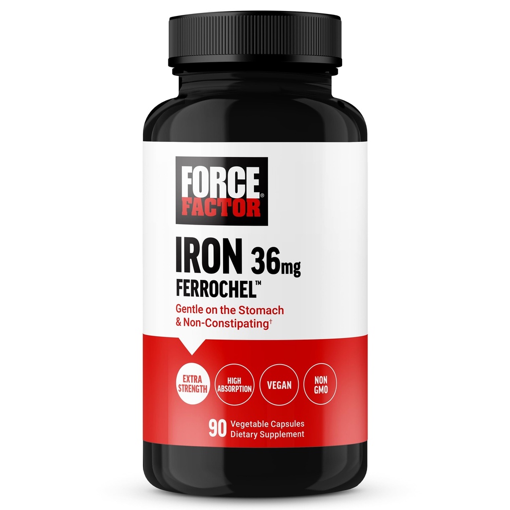 Facteur de force, supplément de fer pour les femmes et les hommes, non constipant, doux sur l'estomac, bisglycinate de fer 36mg, 90 Capsules végétales