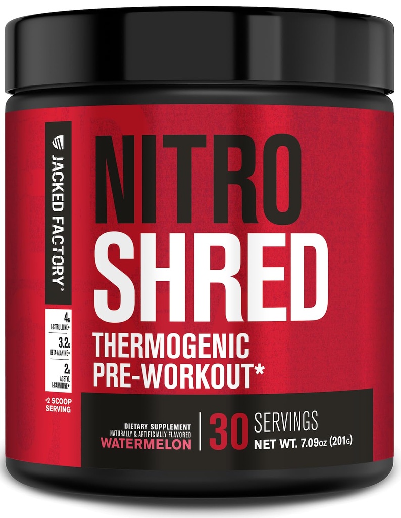 Jacked Factory NITROSURGE Shred Pre Workout Supplément - Energy Booster, Gains de force instantanés, Focus Sharp, Pompes puissantes - Nitric Oxide Booster & PreWorkout Powder - 30Sv, pastèque