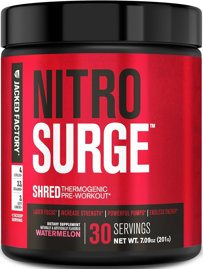 Jacked Factory NITROSURGE Shred Pre Workout Supplement - Energy Booster, Instant Strength Gains, Sharp Focus, Powerful Pumps - Nitric Oxide Booster & PreWorkout Powder - 30Sv, Watermelon