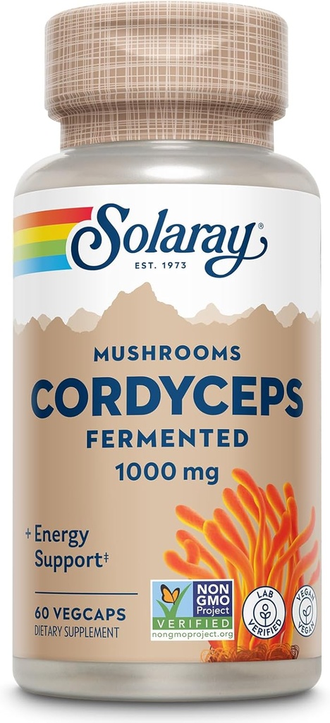 SOLARAY Cordyceps fermenté Champignon 1000 mg - Soutien énergétique sain - Fermenté pour l'absorption accrue - Vegan, non-OGM, laboratoire vérifié - 30 portions, 60 VegCaps
