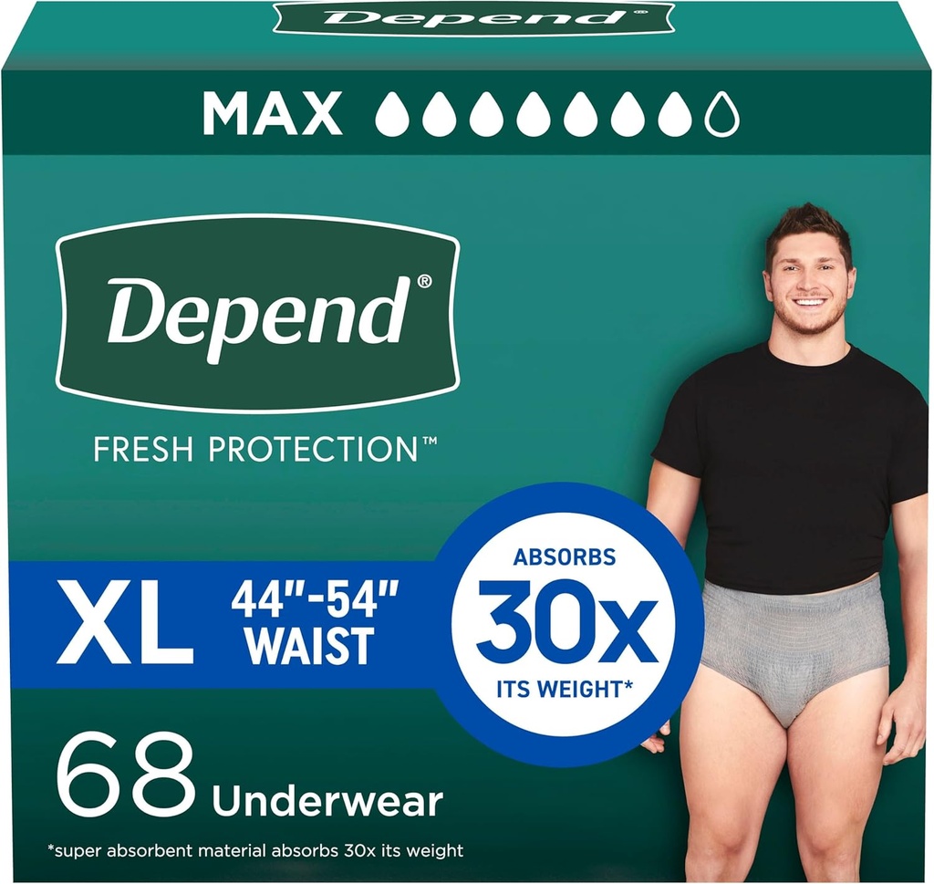 Depend Fresh Protection Couches adultes, Incontinence Sous-vêtements pour hommes, jetable, maximum, extra-large, gris, 68 Compte (2 paquets de 34), Emballage Mai Varier