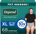 Depend Fresh Protection Couches pour adultes, Incontinence Sous-vêtements pour hommes, jetable, maximum, extra-large, gris, 68 Compte (2 Packs de 34), Emballage May Vary