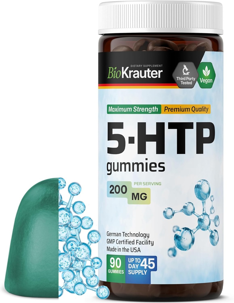 BIO KRAUTER 5 HTP Supplément Gummies - 200 mg Résistance - 90 Vegan Chews - Soutien à la relaxation 5HTP Plus L Supplément Tryptophane - Formule à base de pectine