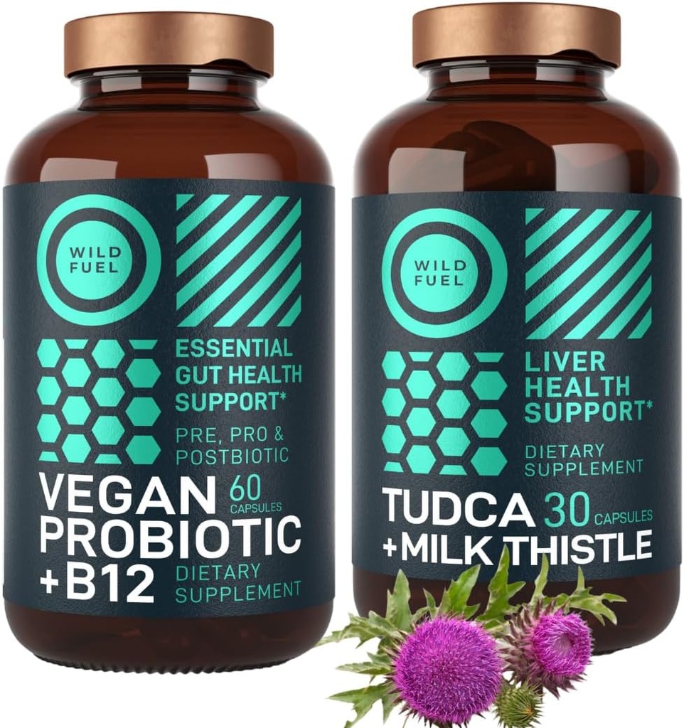 WILD FUEL TUDCA avec supplément de chardon de lait et végétalien probiotique Plus B12 Nettoyant général du foie et bundle de santé de Gut