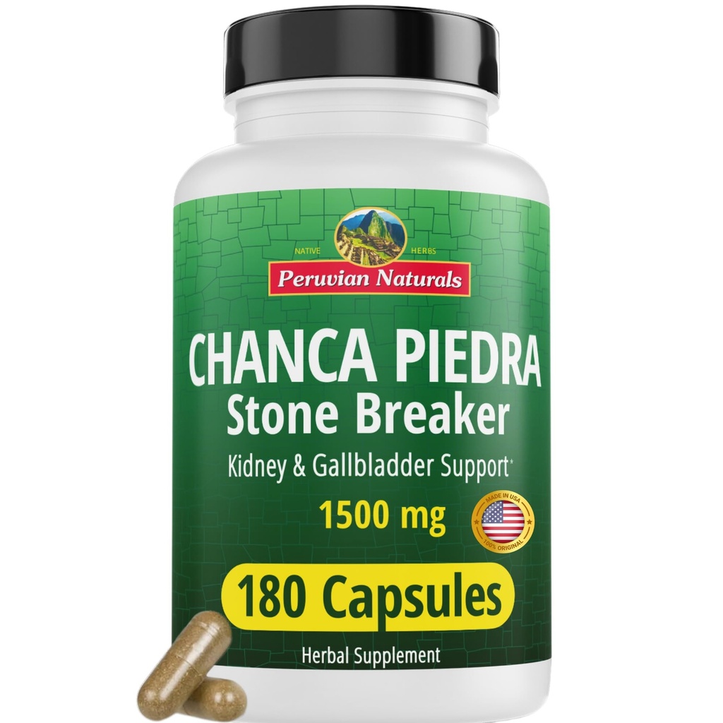 Peruvian Naturals Chanca Piedra Stone Breaker 180 Capsules - Rein Stone Dissolver & Gallbladder - 1500mg par portion - Chancapiedra Stonebreaker for Bladder Cleanse & Urinary Tract - Vegan, Non OGM