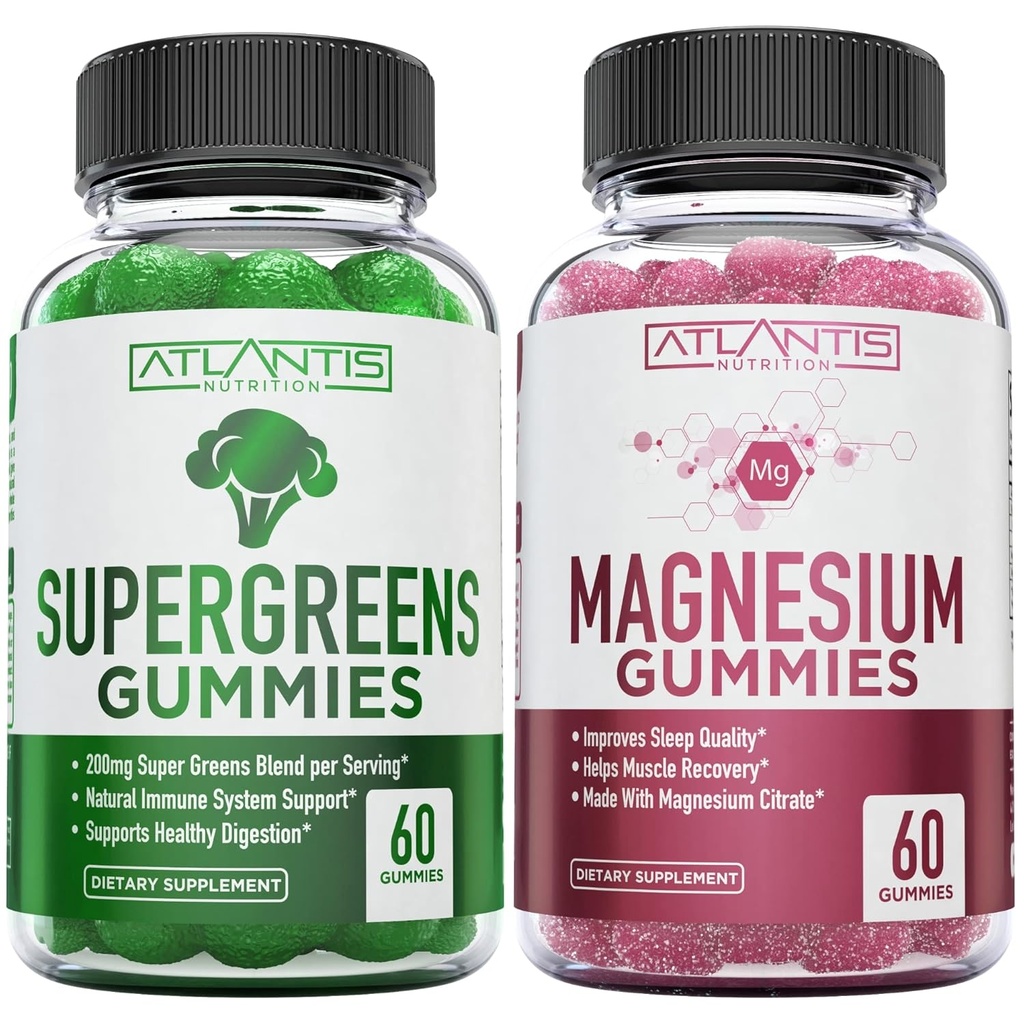 Gommies Supergreen & Magnésium - Magnésium aide les muscles à récupérer, Delicious Supergreens avec épinards, brocolis, betteraves, thé vert et acai pour le soutien immunitaire- 60 Gommies