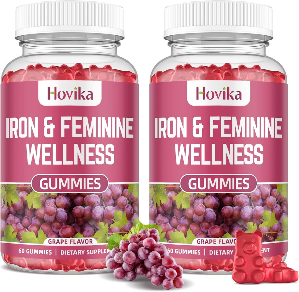 Fer pour les femmes Gummies, 40mg supplément de fer Anémie avec multivitamine pour les femmes, Zinc, Sélénium, Iodine - pour l'insuffisance en fer - soutien hormonal naturel pour PMS, saveur de raisin, 2 Pack