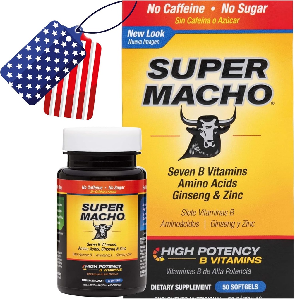 Super Macho, Vitamines haute puissance B et acides aminés, Carburant pour les hommes actifs d'aujourd'hui, Pas de caféine, Pas de sucre, Supplément alimentaire, Fabriqué aux États-Unis,50 Softgels