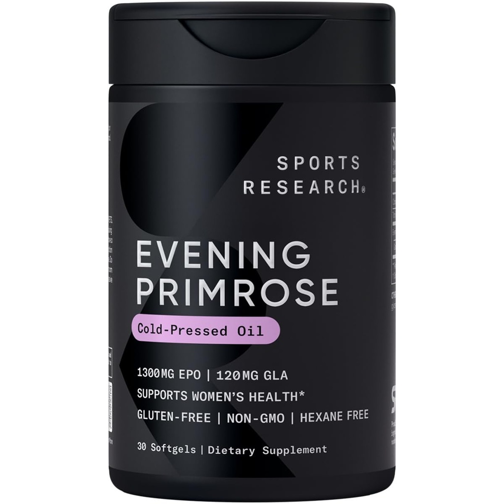 Sports Recherche Supplément Primrose de l'huile pressée froide - Softgels pour les femmes santé et la peau - sans gluten et sans OGM GLA - haute puissance 1300mg, 30 Compte
