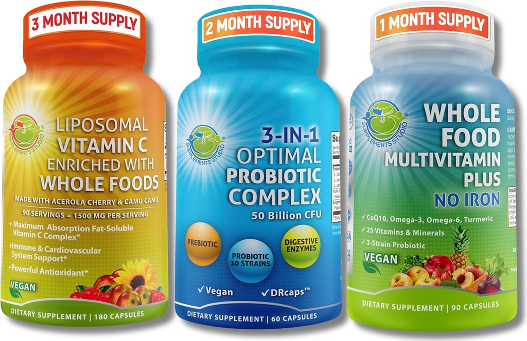 Gut Health, Immunity, Energy & Nutrient Support – Probiotique 3-en-1 avec enzymes digestives + Vitamine Liposomique C 1500mg + Multivitamine alimentaire entière sans fer – Vegan, non-OGM, Clean Wellness Support