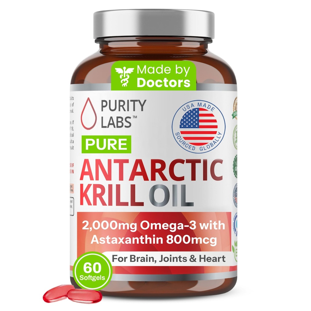Purety Labs Antarctic Krill Oil 2000mg Oméga-3 avec Astaxanthin 800mcg suppléments pour soutenir la mémoire- Riche en Omega 3, Acides gras, DHA, EPA et Phospholipides - 60 Softgels