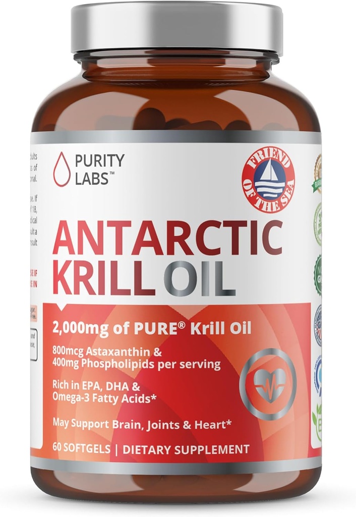 Purity Labs Antarctic Krill Oil 2000mg Omega-3 with Astaxanthin 800mcg Supplements to Support Memory- Rich in Omega 3, Fatty Acids, DHA, EPA & Phospholipids - 60 Softgels
