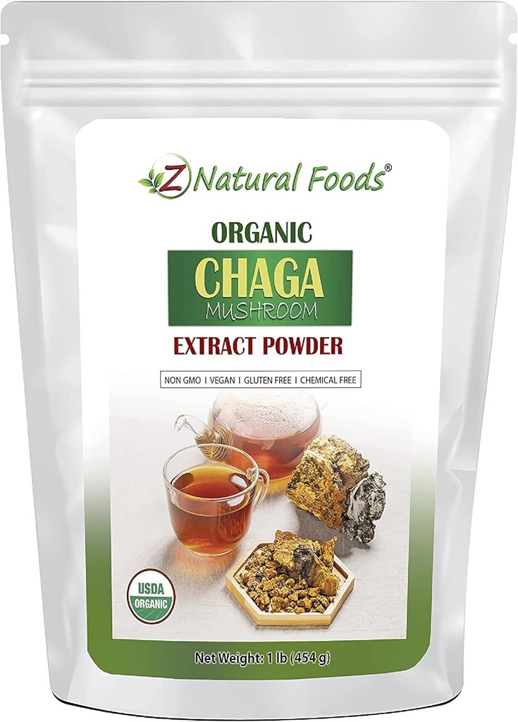 Z Alimentations naturelles Extrait de champignons de Chaga biologique en poudre, extrait de champignons de qualité supérieure concentré pour soutenir la santé immunitaire, stimuler votre matin en l'ajoutant au café et au thé, 1 lb