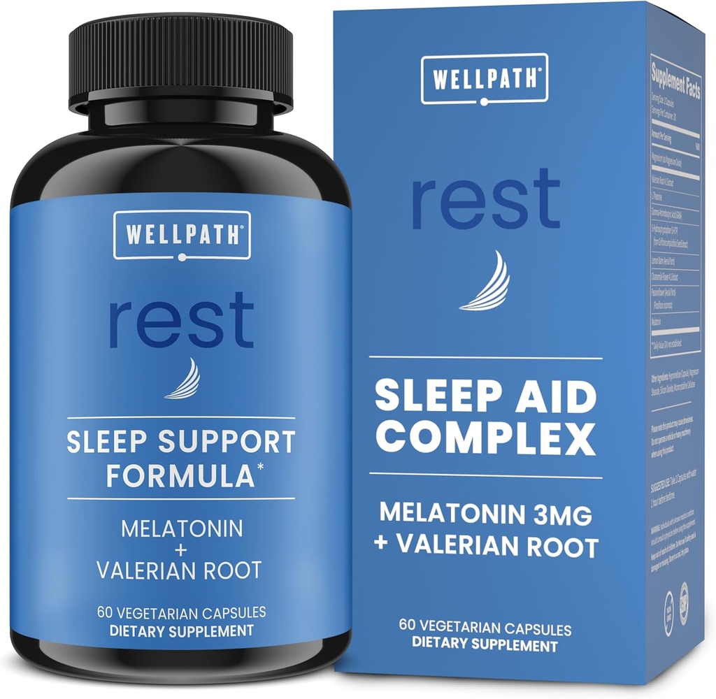 WellPath Rest Valerian Root Sleep Aid for Adults with Melatonin & L-Theanine | Natural & Herbal Sleeping Pills with Extra Strength | | 5-HTP, Lemon Balm, Chamomile, 60 Ct
