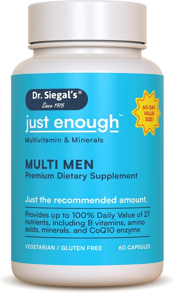 Dr Siegal's Juste assez de multivitamines pour les hommes - 60 capsules - 60 portions Multivitamines végétariennes pour les hommes Capsules - Multivitamines quotidiennes pour hommes - Multivitamines masculines et supplément multiminéraux