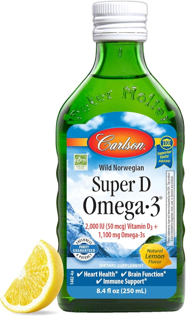 Carlson - Super D Omega-3, Huile de foie de morue arctique de Norvège, 2000 UI (50 mcg) Vitamine D3, 1100 mg Omega-3s, huile de poisson nordique à source durable Liquide, citron, 250 ml